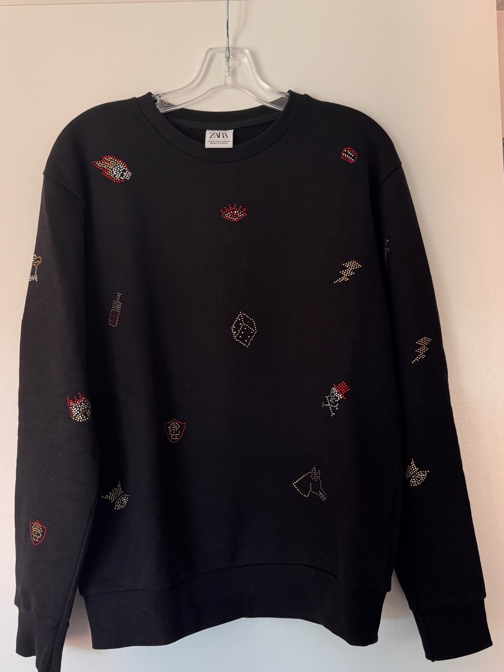 Unique Zara Black Crewneck Sweater with Multicolor Stud Details